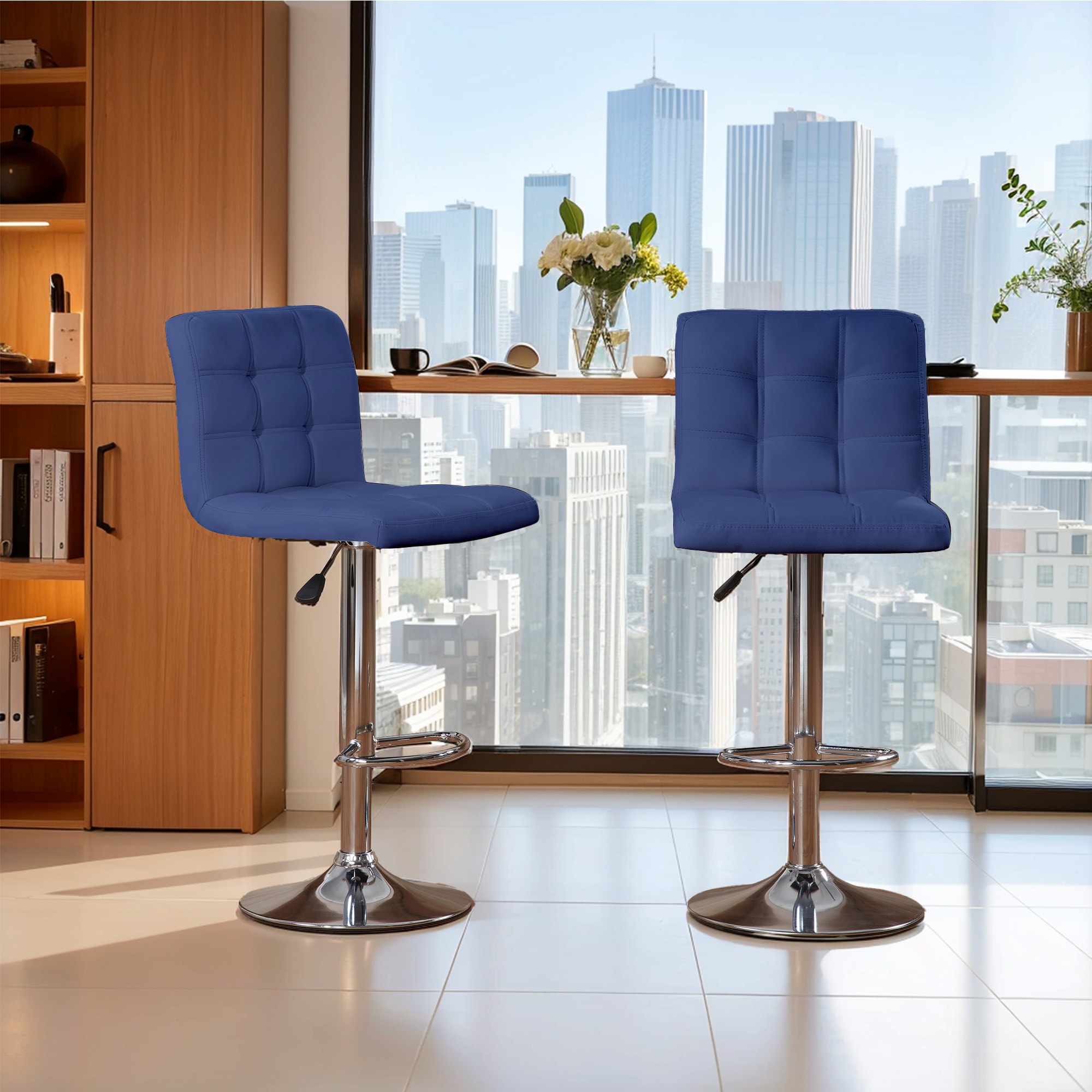 Bar Stools 1 Set Of 2, Counter Height Bar Stools, Square Cushion Bar Stools With Back, Footstool, Cafe, Blue, 2 Pieces_voghion.com